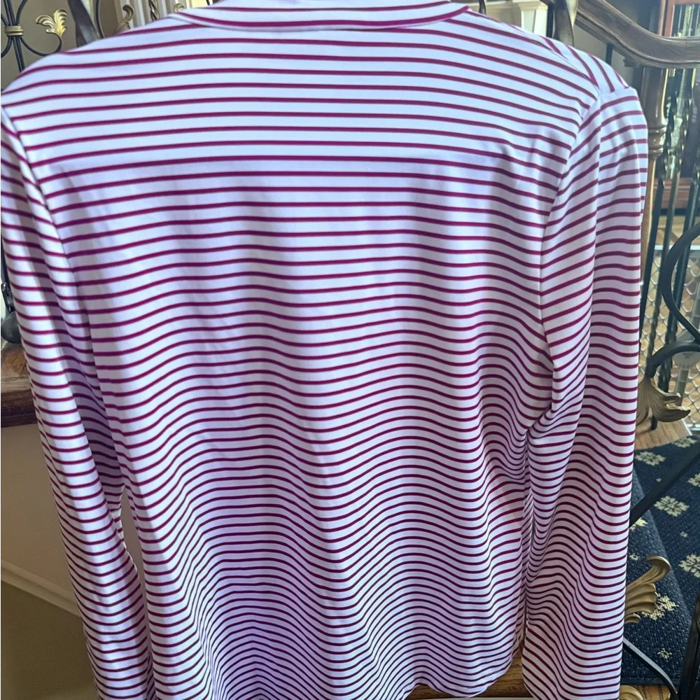 Chico’s Zenery Stretch material 3/4 zip long sleeve top. Size 0 EUC pink /White - Picture 9 of 11